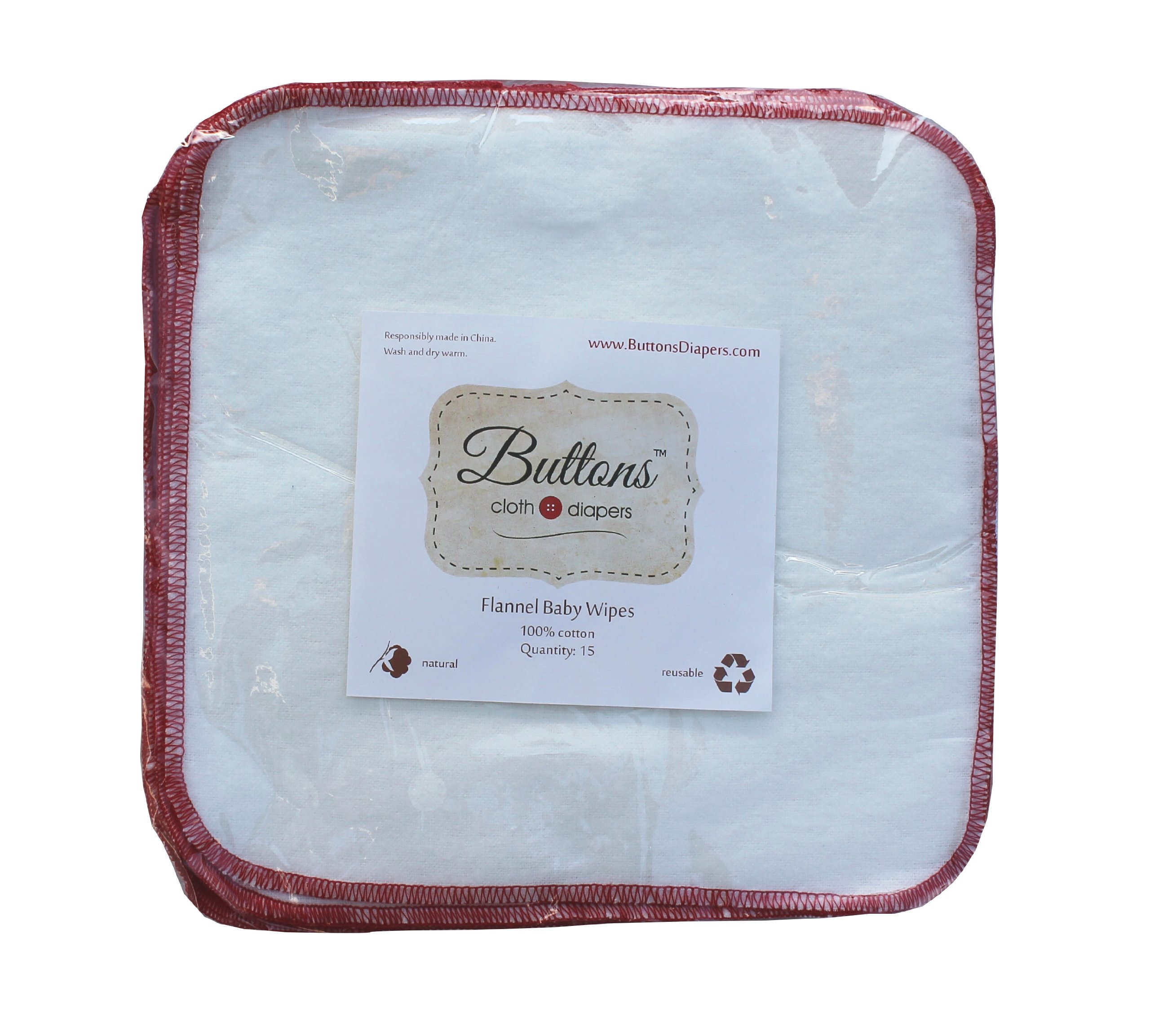 Buttons Flannel Baby Reusable Washable Natural Unbleached Wipes - 15 Pack