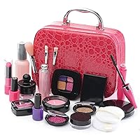 Girls Pretend Makeup Set, 21 Pcs Pretend Play Cosmetic Beauty Makeup Set with Cute Pink Leather Look Cosmetic Case for Little Girls, Realistic Kids Makeup Set.