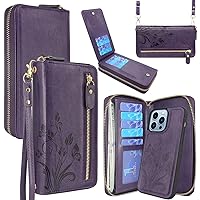 Compatible with iPhone 13 Pro Max 6.7 inch 2021 Crossbody Chain Dual Zipper Detachable Magnetic Leather Wallet Case Cover Wristlets Wrist Strap 13 Card Slots(Floral Dark Purple)