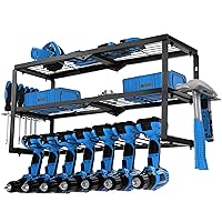 Power Tool Organizer Wall Mount, Power Drill Tool Holder, Heavy Duty Metal Tool Shelf & 3 Layers Drill Holder, Tool Shelf and Storage Rack for Garage Organization, Tool Room with 2 Side Pegboards
