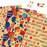 PUIKSXER Birthday Wrapping Paper - 4 Sheets Kraft Gift Wrap Paper with Strings, Tape & Stickers, Star Balloon & Birthday Designs, 19.7x27.6 Per Sheet
