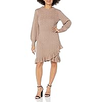 Women's Long Sleeve Ribbed Sweater Dress Ruffle Hem