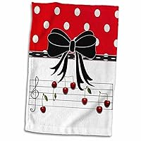3D Rose Image of Cherry Music Notes with Bow and Red Polka Dots Hand Towel, 15
