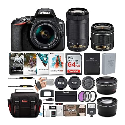 Nikon D3500 DSLR Camera with AF-P 18-55mm and 70-300mm Zoom Lenses Bundle with 64GB Card and Accessories (7 Items)