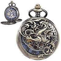 Mens Antique Skeleton Mechanical Pocket Watch Dragon Hollow Hunter with Chain and Box