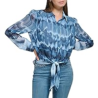 Calvin Klein Women's Plus Size Flowy Knotted Button Front Printed Long Sleeve Blouse