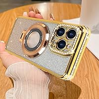 Losin Compatible with iPhone 15 Pro Glitter Magnetic Case with Invisible Stand [Compatible with MagSafe] Luxury Bling Rhinestone Full Camera Lens Protection Cover for Women and Girls, Gold