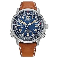 Men's Eco-Drive Promaster Air Skyhawk Atomic Time Keeping Watch in Super Titanium with Brown Leather Strap, Blue Dial (Model: CB0241-00L)