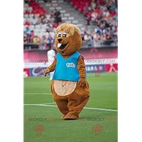 Brown and funny beaver REDBROKOLY Mascot with a blue t-shirt