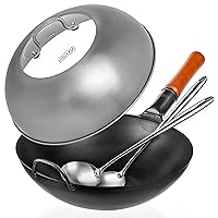 YOSUKATA Carbon Steel Wok Pan – 13,5 “ With Lid - Woks and Stir Fry Pans with Stainless Steel Set (Spatula + Ladle)- Chinese Wok with Flat Bottom Wok