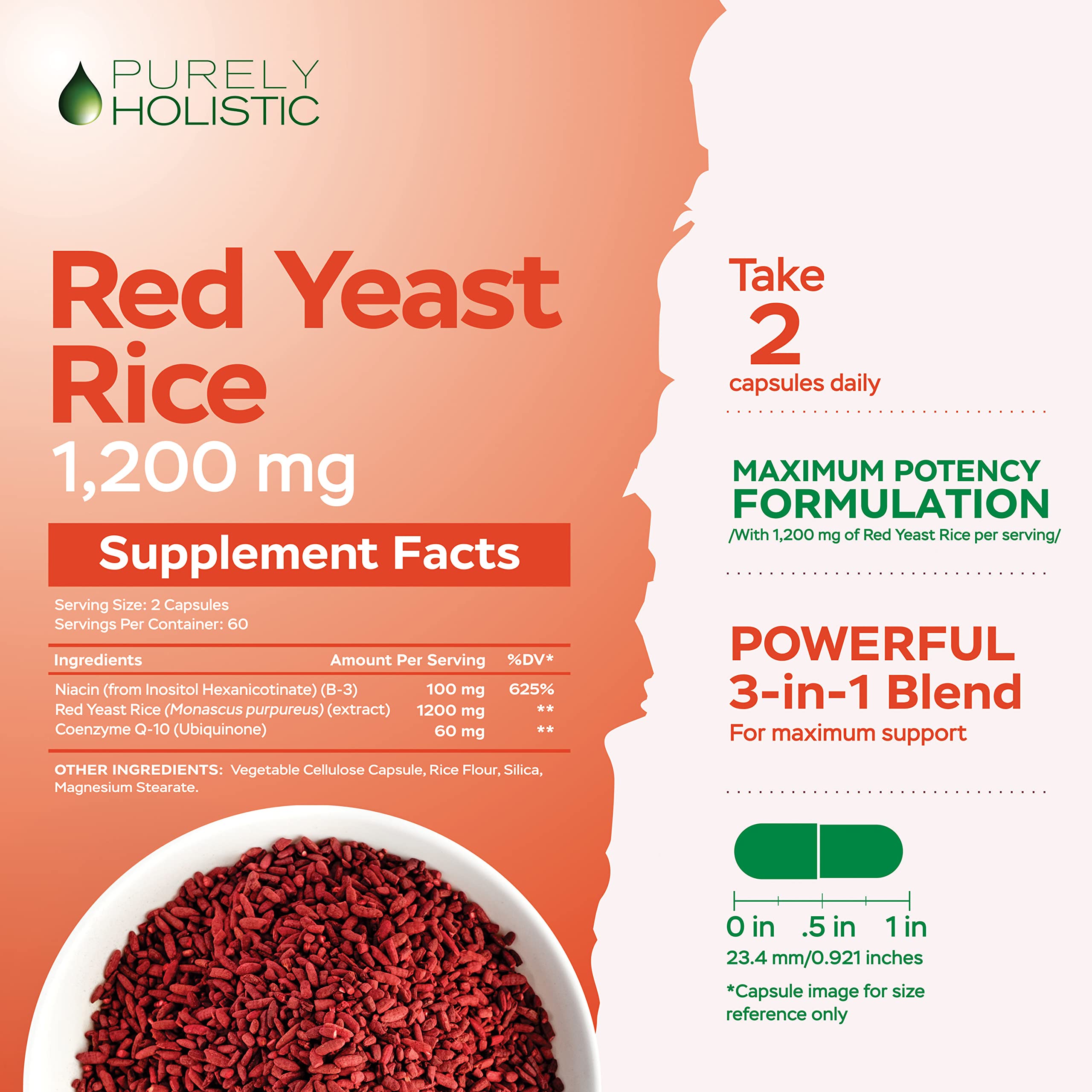 Purely Holistic Red Yeast Rice 1200mg with CoQ10 & Niacin + Vitamin D3 5000 IU (125mcg) & K2 MK7 90mcg Bundle - 270 Vegetarian Capsules - Made in USA