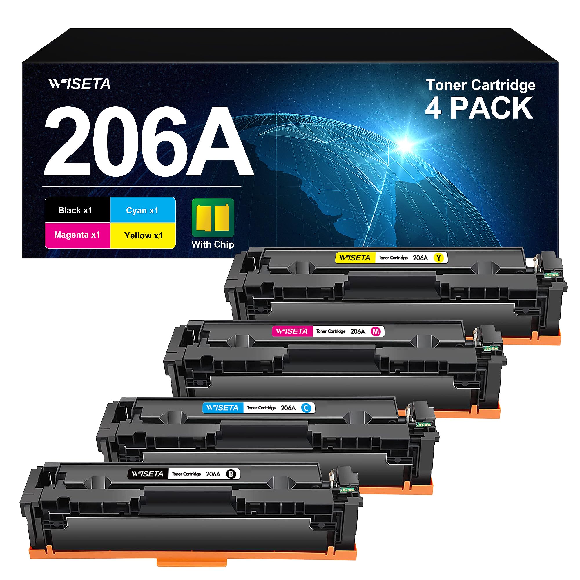 206A Toner Cartridge 4 Pack with CHIP, Compatible Toner Cartridge Replacement for HP 206A 206X Toner Cartridge Set Compatible with Color Laserjet Pro MFP M283fdw, MFP M283cdw, M255dw M282nw Printer