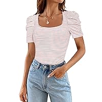 MEROKEETY Women's Square Neck Puff Sleeve T Shirts 2024 Summer Casual Striped Basic Tee Tops