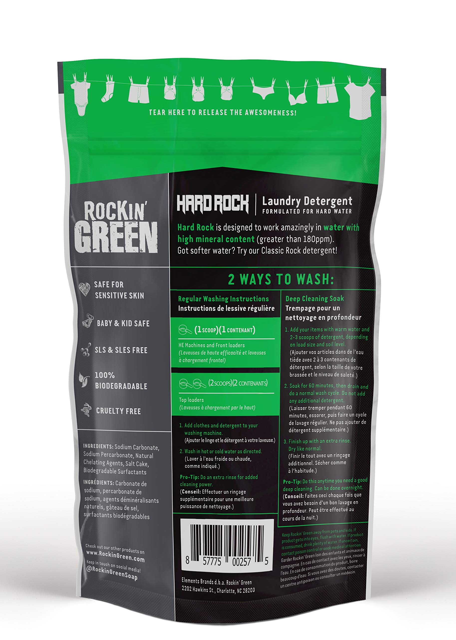 Rockin' Green Hard Rock Laundry Detergent (90 Loads), Plant based, All Natural Laundry Detergent Powder, Vegan and Biodegradable Odor Fighter, Safe for Sensitive Skin, 45 oz (Unscented).