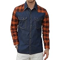 VATPAVE Men's Patchwork Denim Shirt Casual Plaid Shirts Button Down Long Sleeve Shirt with Pocket