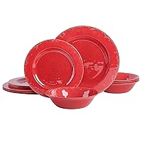 Gibson Home Mauna Melamine Plastic Dinnerware Set, Service for 4 (12pcs), Red Rustic