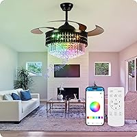 48 Inch Chandelier Ceiling Fan with Lights Remote Bluetooth, Black Crystal Ceiling Fans with Speaker,Retractable Fandelier Fan for Living Room Kids Room,Dimmable,Reversible