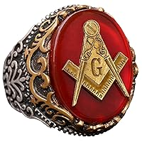 Masonic Symbol Bronze Piece, Occult Ring, Sacred Geometry, Sterling Silver Ring, Red Agate Stone Ring