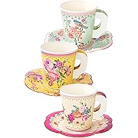 Talking Tables Truly Scrumptious Party Vintage Floral Tea Cups and Saucer Sets, Pack of 12, Height 8cm, 3