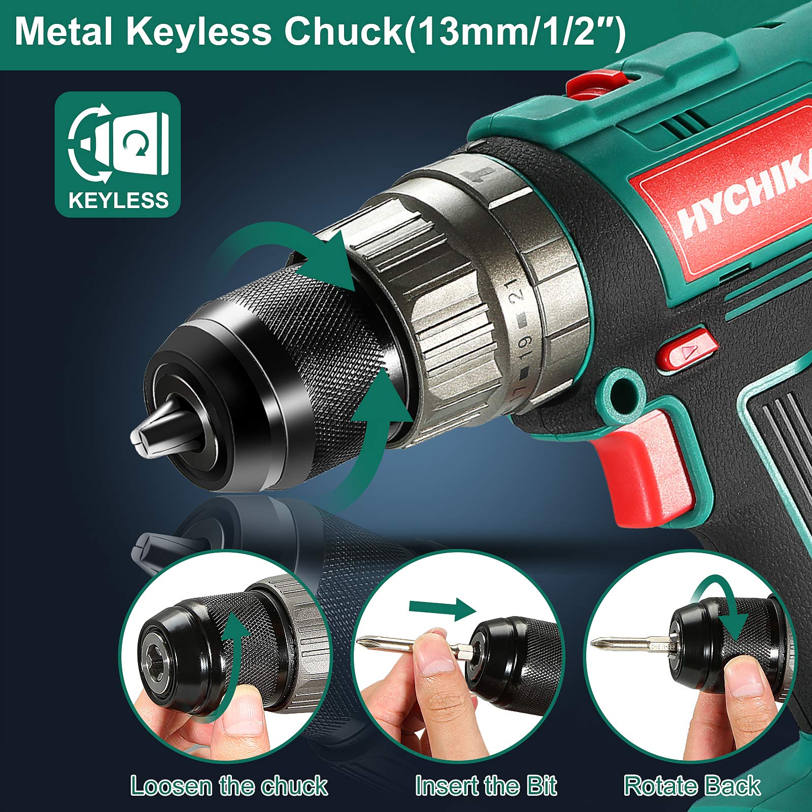 Cordless Hammer Drill Driver 18V, HYCHIKA 400 In-lbs Torque Power Drill with Auxiliary Handle, 1/2” Metal Chuck, 2.0Ah Battery, 1H Fast Charger, 21+3 Clutch, LED Light for Drilling Wood Metal Wall