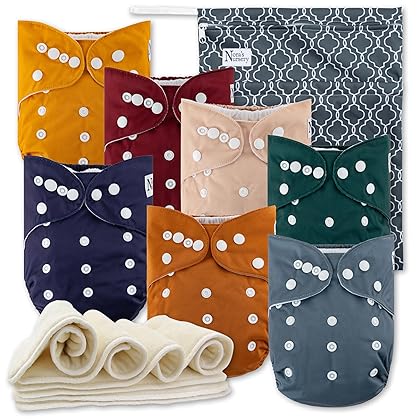 Nora's Nursery Cloth Diapers 7 Pack with 7 Inserts & 1 Wet Bag - Waterproof Cover, Washable, Reusable & One Size Adjustable Pocket Diapers for Newborns and Toddlers-Pacific Neutrals
