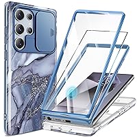 GVIEWIN for Samsung Galaxy S24 Ultra Case, [Slide Camera Cover & Built-in Screen Protector] [2 Front Frame] Military Grade Shockproof Marble Phone Case Cover 6.8