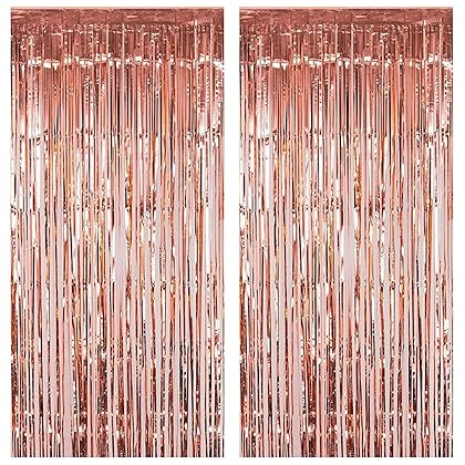 Fecedy 2pcs 3ft x 8.3ft Rose Gold Metallic Tinsel Foil Fringe Curtains Photo Booth Props for Birthday Wedding Engagement Bridal Shower Baby Shower Bachelorette Holiday Celebration Party Decorations