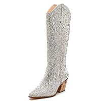 Ouepiano Women's Cowboy Boots Cowgirl Ankle Boots Western Rhinestones Boots Pointed Toe Low Chunky Heel 5cm Pull On Short Cowboy Boots for Women,Girl,Party