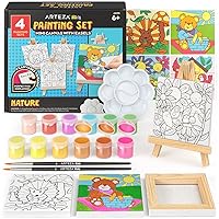 Arteza Kids Nature Painting Kit, 4 Canvases, 3 x 3 in, 4 Easels, 12 Acrylic Paints, 2 Paint Brushes, 1 Palette, Kids Activities for Ages 6 and Up