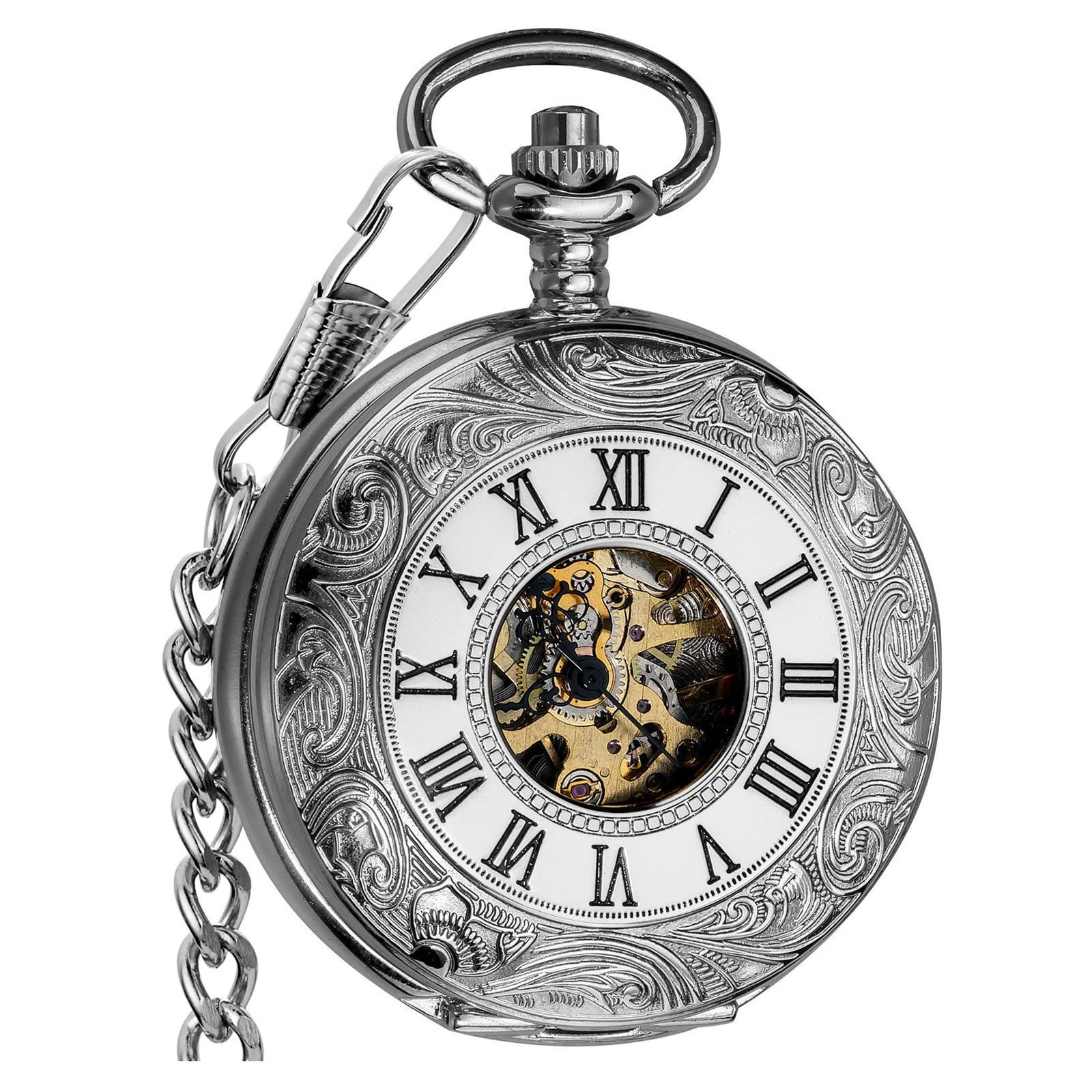 VIGOROSO Mens Classic Steampunk Pocket Watch Black Skeleton Hand Wind Mechanical Watches in Box Mens Pocket Watch with Chain Half Hunter Double Cover Skeleton Mechanical Watches Silver