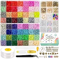 Anyo 14600pcs Clay Beads for Bracelets Making Kit, 56 Colors Polymer Heishi Flat Clay Beads Charms for Jewelry Earring Making Kit Face Letter Beads with Necklace Strings Stuff Gift for Girls 8-12