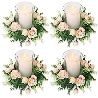 4 Pcs Artificial Rose Candle Rings - Floral Wreaths with Eucalyptus Leaves Greenery Garland for Pillar Candle Lantern Wedding Centerpiece Party Home Table Decor(Champagne)