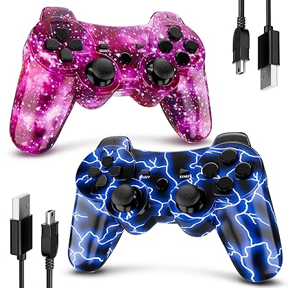 Bowei PS3 Controller Wireless 2 Pack Double Shock Gamepad for Playstation 3 Remotes, Six-Axis Wireless PS3 Controller with Charging Cable, Blue+ Purple