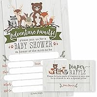 25 Rustic Woodland Animals Baby Shower Invitations, 25 Baby Shower Diaper Raffle Tickets For Baby Shower Games, Adventure Deer Bear Write in Card, Diaper Raffle Cards, Baby Shower Invitation Inserts