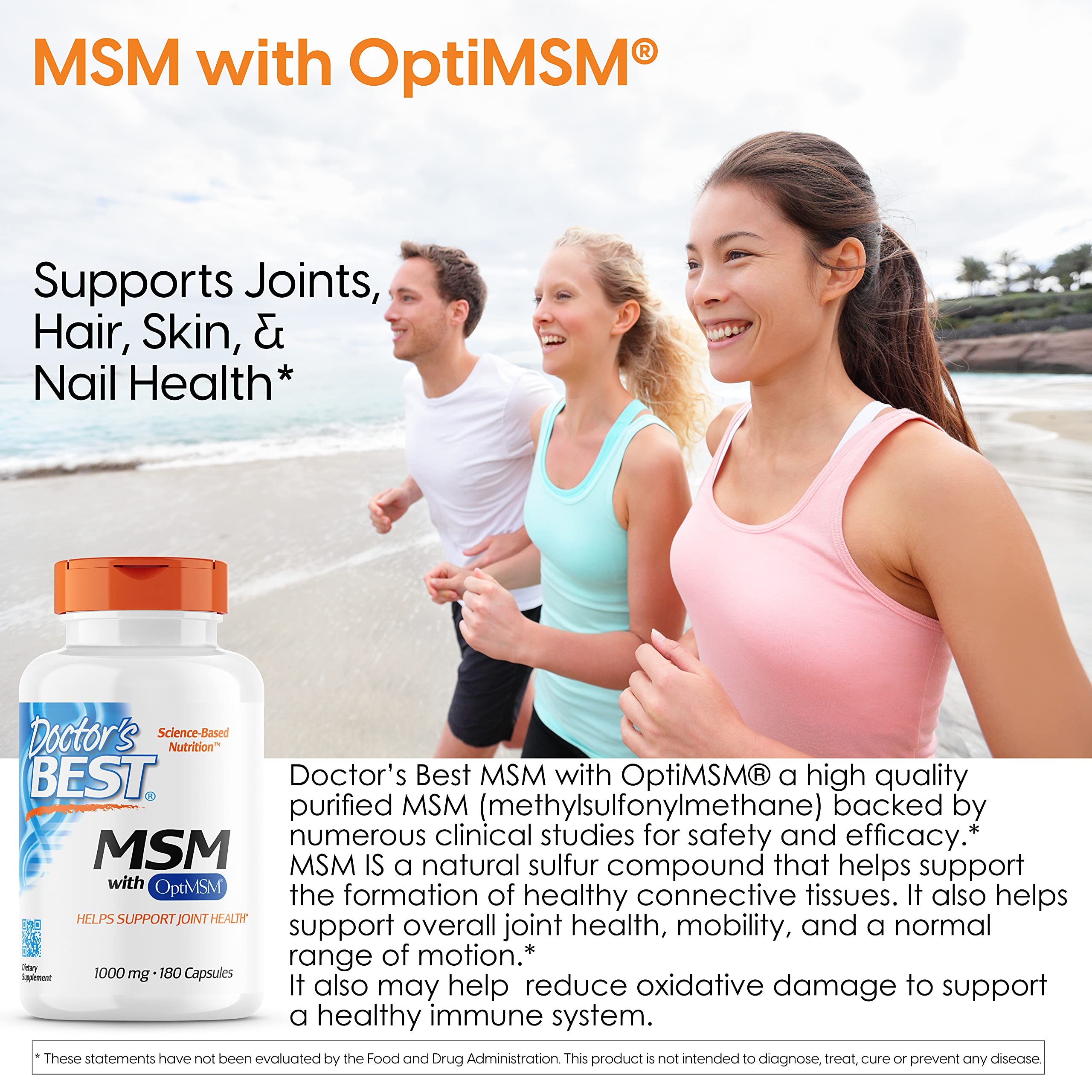 Doctor's Best MSM with OptiMSM, Joint Support, Immune System, Antioxidant and Protein-Building Role, Non-GMO, Gluten Free, 1000 mg, 180 Caps (DRB-00064)