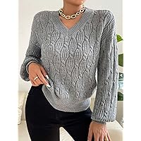 Women's Cable Knit Drop Shoulder Sweater - Casual V Neck Long Sleeve Pullover (Color : Gray, Size : Medium)