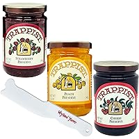 Trappist Summer Preserves Bundle with - (1) 12oz Trappist Strawberry Preserve, (1) 12oz Cherry Preserve, (1) 2oz Peach Preserve and (1) Wyked Yummy Plastic Spreader Jar Scraper