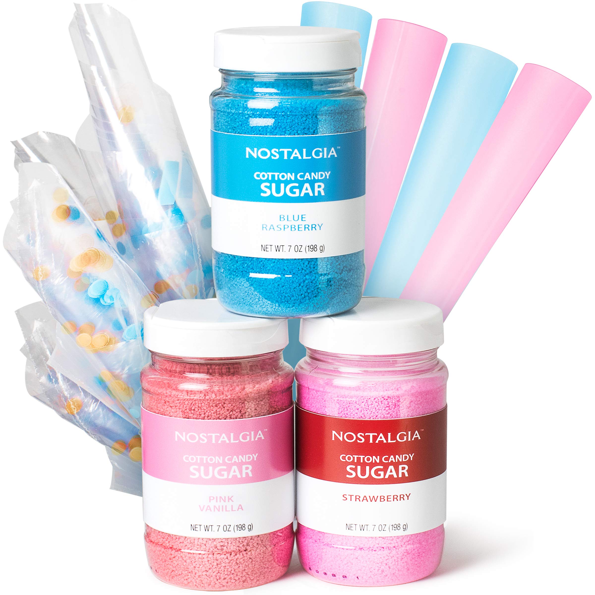 Concession Essentials - CE Floss Sugar -2pk Cotton Candy Floss Sugar 2 Pack (Pink Vanilla and Blue Raspberry) & Nostalgia Cotton Candy Party Kit, 3 Flavors, 4 Reusable Cones, 10 Floss Bags