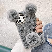 LUVI for iPhone 12 Plush Furry Case Fuzzy Fluffy Ball Rabbit Fur Hair Cute Cartoon Bear Ear with Bling Glitter 3D Diamond Bowknot Camera Protection Cover for iPhone 12 6.1 inch Gray