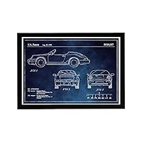 Wynwood Studio Sports Cars and Automobiles Man Cave Framed Wall Art Painting Photography Print 'Porsche 911 1990 Horizontal Chalkboard' Home Décor for Men in Blue and White, 19x13