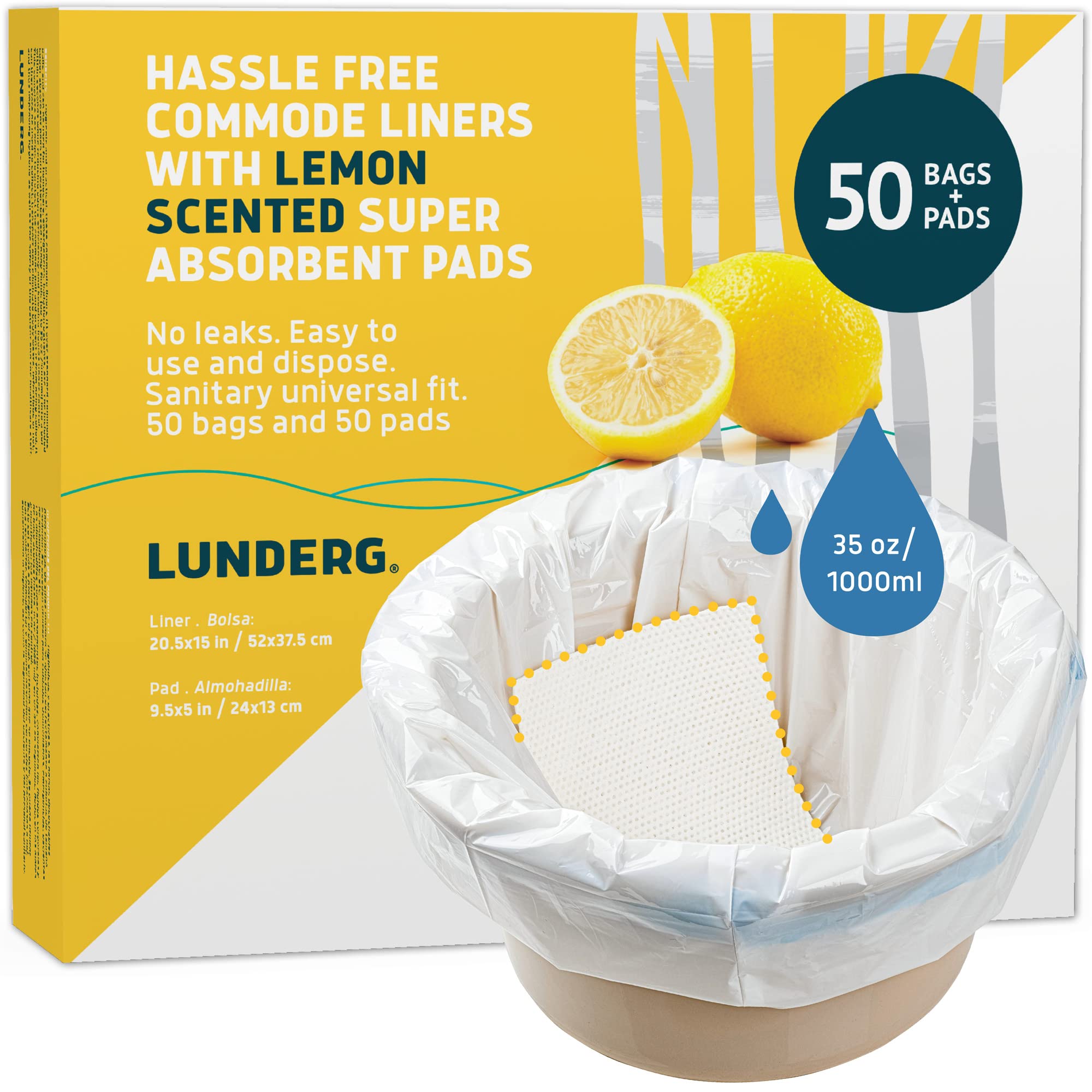 Lunderg Commode Liners with Lemon Scented Absorbent Pads - Value Pack Medical Grade 50 Count Universal Fit - Disposable Bedside Commode Liners and Pads for Adult Commode Chairs & Portable Toilets