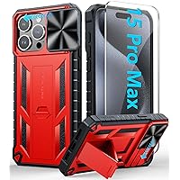 FNTCASE for iPhone 15-Pro-Max Case: Military Grade Drop & Shock Protection Cell Phone Cover with Kickstand & Slide | Rugged Protective Bumper Tough Protector Cases for 15 Pro Max 6.7'' - Red