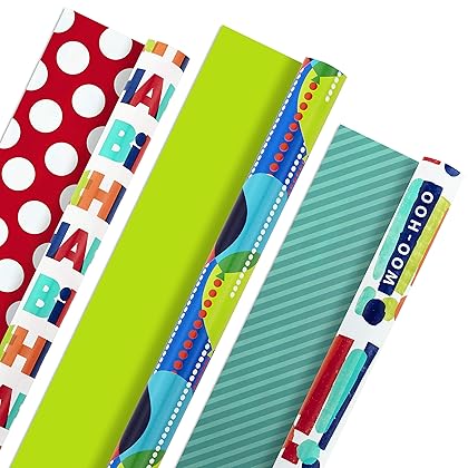 Hallmark Reversible Birthday Wrapping Paper (Pack of 3, 120 sq. ft. ttl.) Bright Balloons, Happy Birthday, Polka Dots