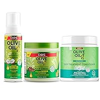 ORS Olive Oil Hold & Shine Wrap Set Mousse Infused with Coconut Oil - Fortifying Creme Hairdress infused with Castor Oil - Max Moisture Super Softening Deep Treatment Conditioner - Bundle