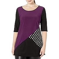 Star Vixen Women's Plus Size 3/4 Sleeve Scoop Neck Tunic-Length Colorblock Ity Knit Top with Polka Dot Inset