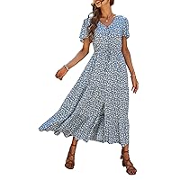 PRETTYGARDEN Women's Floral Summer Dresses 2024 V Neck Short Sleeve Flowy Sun Dress Split Tiered A-Line Bohemian Maxi Dress