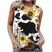 Women's Cow Leopard Sunflower Print Tank Tops Funny Graphic Tee Summer Casual Crewneck Sleeveless Loose Tunic Shirts