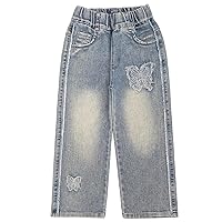 Peacolate 5-10Years Little Girls' Butterfly Embroidered Straight Jeans Pants for Big Girls(Butterfly,5-6Y)