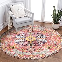 Lahome Bohemian Floral Medallion Round Rug - 3Ft Small Hot Pink Round Area Rug for Girls Bedroom Nursery Mat, Boho Washable Soft Indoor Throw Entryway Carpet for Living Room Office Coffee Table