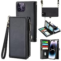 MInCYB for iPhone 15 Wallet Case, PU Leather Detachable Magnetic Flip Folio Case with Wrist Strap and [RFID Blocking] Credit Card Holder for Women Men, Crossbody Phone Cover of iPhone 15. Pitch Black